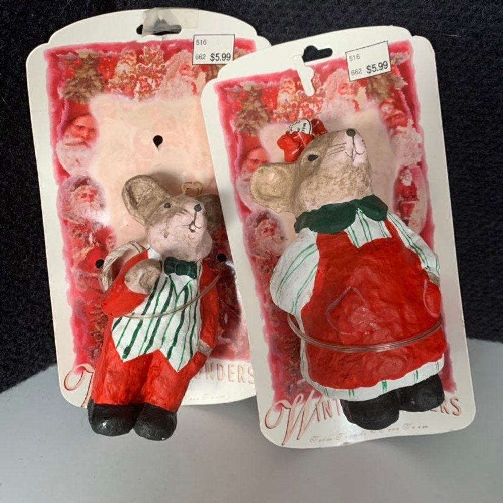2 Vintage NOS Winter Wonder Paper Mache Christmas Mice 4" 5" Red Green Deadstoc